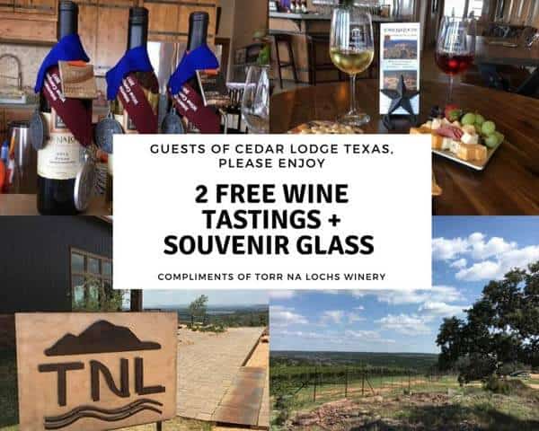 Image-of-special-offer-of-2-free-wine-tastings-from-torr-na-lochs-winery-for-cedar-lodge-texas-guests