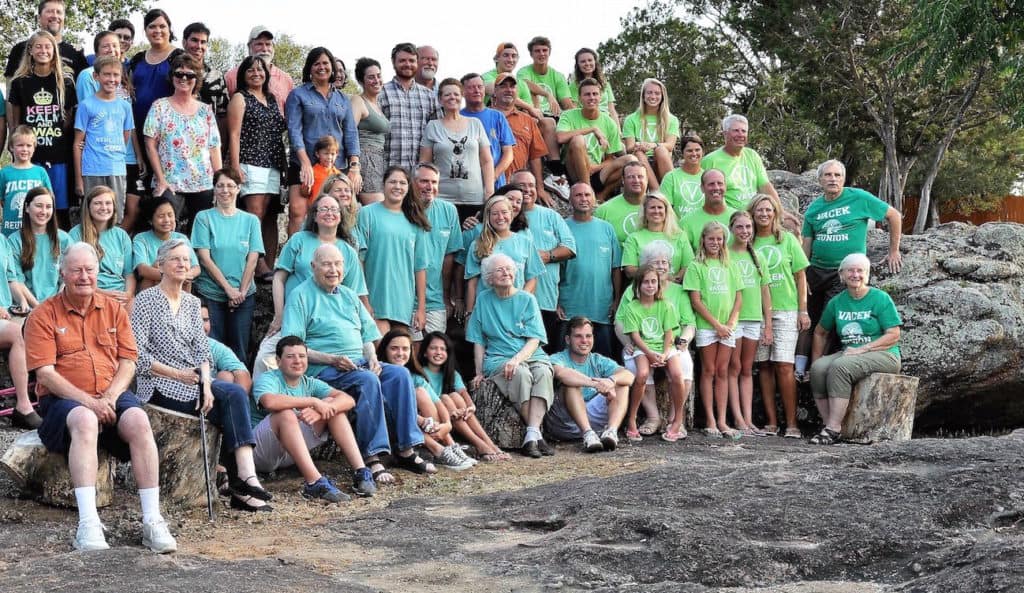 Image of one of our family reunions at Cedar Lodge Texas. Best family reunion venue in Texas with lake cabin rentals and gathering halls to accommodate small and large groups year-round Texas cabin rental